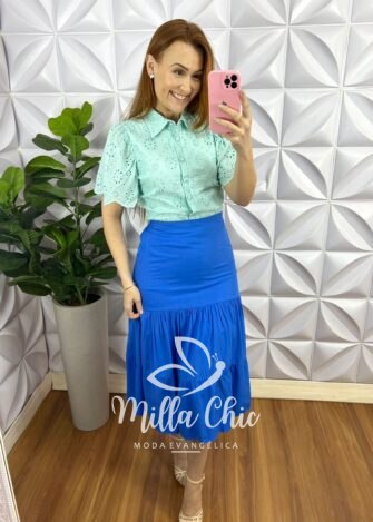 Saia Viscolinho Forrada Três Marias Marisa - Azul - Milla Chic