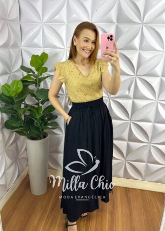 Saia Viscolinho Longa com Lastex na Cintura Adriana - Preto - Milla Chic