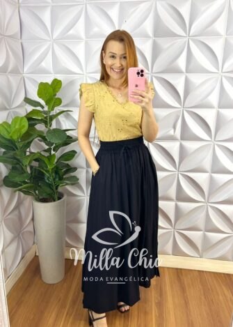 Saia Viscolinho Longa com Lastex na Cintura Adriana - Preto - Milla Chic