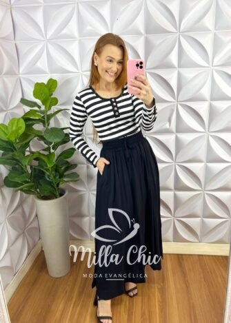 Saia Viscolinho Longa com Lastex na Cintura Adriana - Preto - Milla Chic