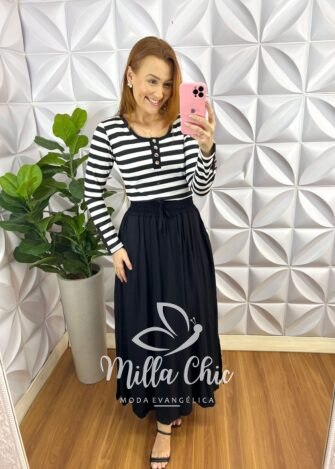 Saia Viscolinho Longa com Lastex na Cintura Adriana - Preto - Milla Chic