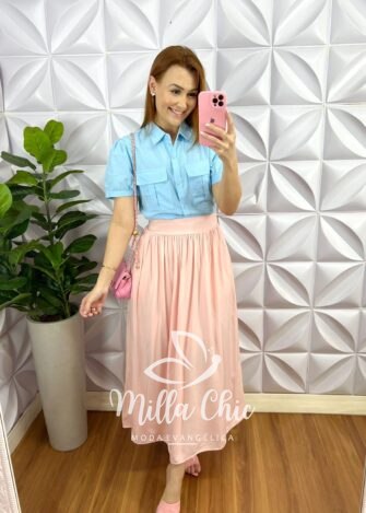 Saia Viscolinho Longa Pala Na Cintura Barbi - Rosa Ballet - Milla Chic