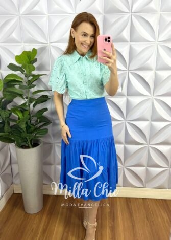 Saia Viscolinho Forrada Três Marias Marisa - Azul - Milla Chic