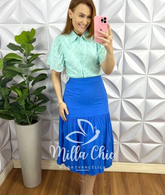 Saia Viscolinho Forrada Três Marias Marisa - Azul - Milla Chic