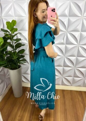 Milla Chic - millachic com br vestido cambraia de linho manga babadinho dupla midi catarina jade 1 Vestido Cambraia de Linho Manga Babadinho Dupla Mídi Catarina - Jade - Milla Chic