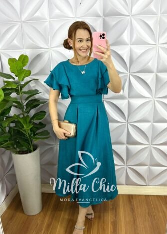 Vestido Cambraia de Linho Manga Babadinho Dupla Mídi Catarina - Rosa - Milla Chic