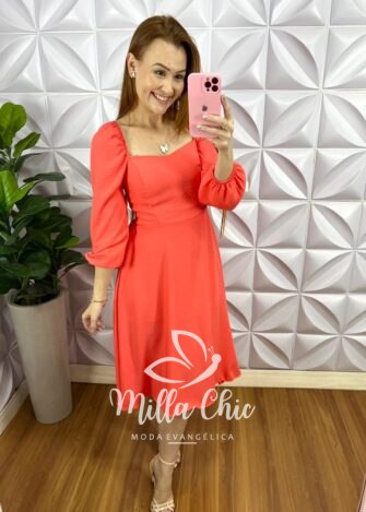 Milla Chic - millachic com br vestido cambraia de linho manga longa midi com bojo sabrine laranja 1 Vestido Cambraia de Linho Manga Longa Mídi Com Bojo Sabrine - Laranja - Milla Chic