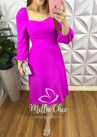Vestido Cambraia de Linho Manga Longa Mídi Com Bojo Sabrine - Roxo - Milla Chic