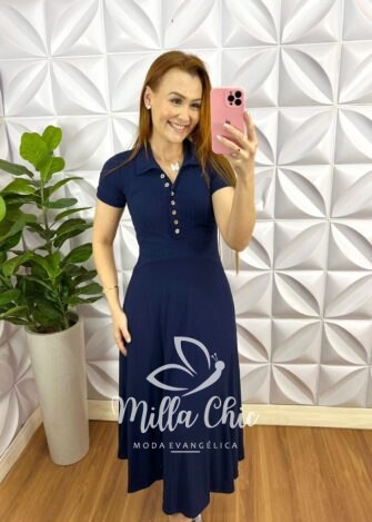 Vestido Canelado De Viscose Com Gola Polo Valência - Azul - Milla Chic