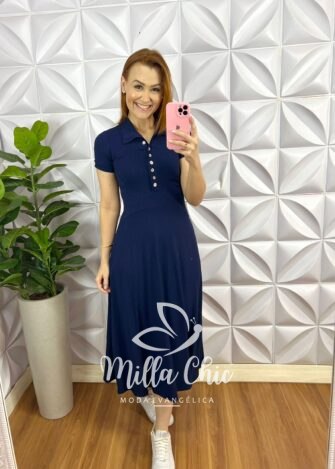 Vestido Canelado De Viscose Com Gola Polo Valência - Azul - Milla Chic