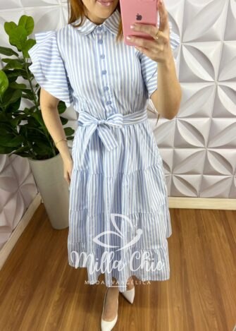 Milla Chic - millachic com br vestido chemise tricoline manga babadinho midi listrado laysa azul 2 Vestido Chemise Tricoline Manga Babadinho Mídi Listrado Thalita - Azul - Milla Chic