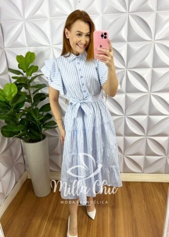 Milla Chic - millachic com br vestido chemise tricoline manga babadinho midi listrado laysa azul Vestido Chemise Tricoline Manga Babadinho Mídi Listrado Thalita - Azul - Milla Chic
