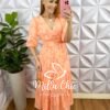 Vestido Chiffon Com Devorê Manga 3/4 Mídi Três Marias Moana - Pêssego - Milla Chic