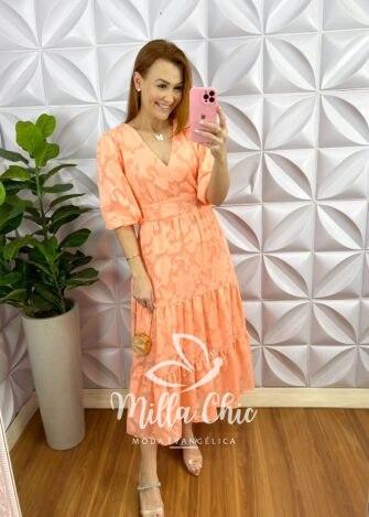 Vestido Chiffon Com Devorê Manga 3/4 Mídi Três Marias Moana - Pêssego - Milla Chic