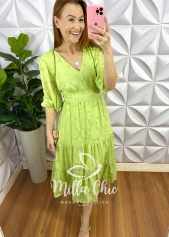 Vestido Chiffon Com Devorê Manga 3/4 Mídi Três Marias Moana - Menta - Milla Chic