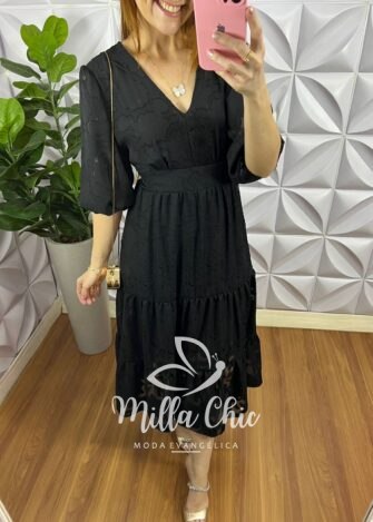 Vestido Chiffon Com Devorê Manga 3/4 Mídi Três Marias Moana - Preto - Milla Chic