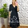 Vestido Chiffon Com Devorê Manga 3/4 Mídi Três Marias Moana - Preto - Milla Chic
