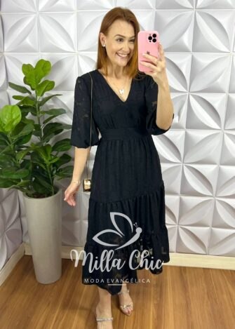 Vestido Chiffon Com Devorê Manga 3/4 Mídi Três Marias Moana - Preto - Milla Chic