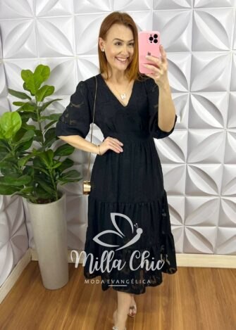 Vestido Chiffon Com Devorê Manga 3/4 Mídi Três Marias Moana - Preto - Milla Chic