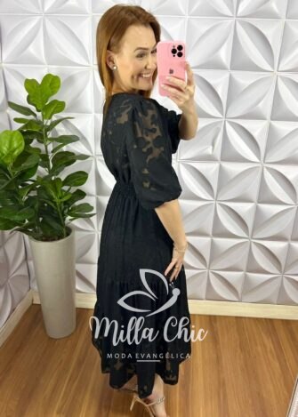 Vestido Chiffon Com Devorê Manga 3/4 Mídi Três Marias Moana - Preto - Milla Chic