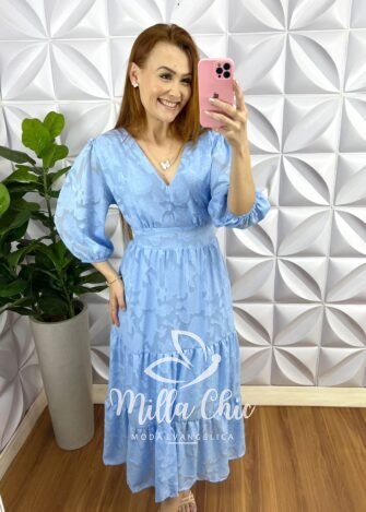 Vestido Chiffon Com Devorê Manga 3/4 Mídi Três Marias Moana - Baby Blue - Milla Chic