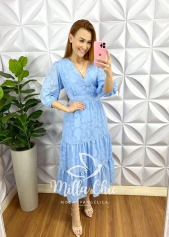 Vestido Chiffon Com Devorê Manga 3/4 Mídi Três Marias Moana - Baby Blue - Milla Chic