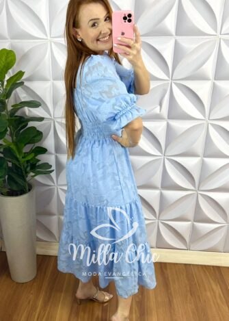 Vestido Chiffon Devore Mídi Três Marias Estela - Baby Blue - Milla Chic