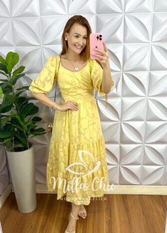 Vestido Chiffon Devore Mídi Três Marias Estela - Manteiga - Milla Chic