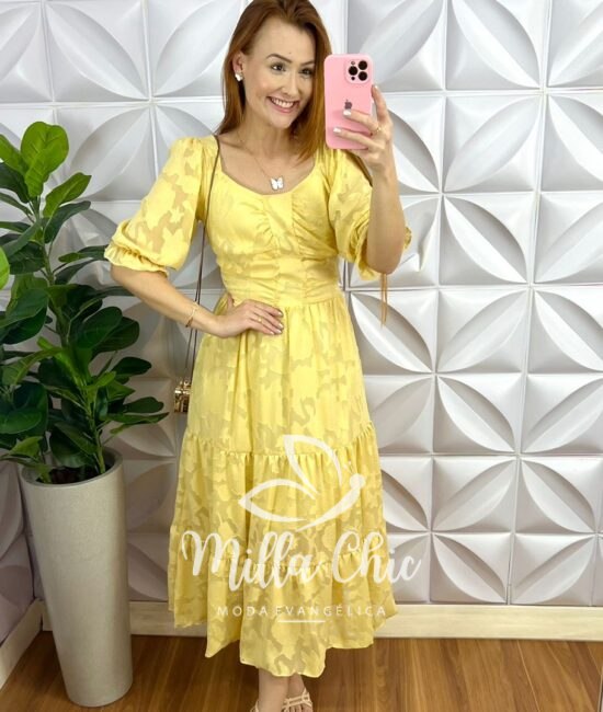 Vestido Chiffon Devore Mídi Três Marias Estela - Manteiga - Milla Chic