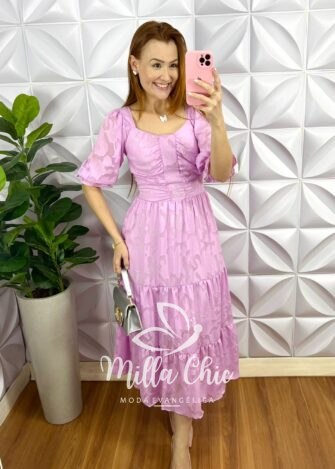 Vestido Chiffon Devore Mídi Três Marias Estela - Rosa - Milla Chic