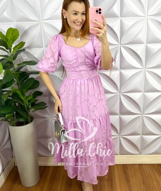 Vestido Chiffon Devore Mídi Três Marias Estela - Rosa - Milla Chic