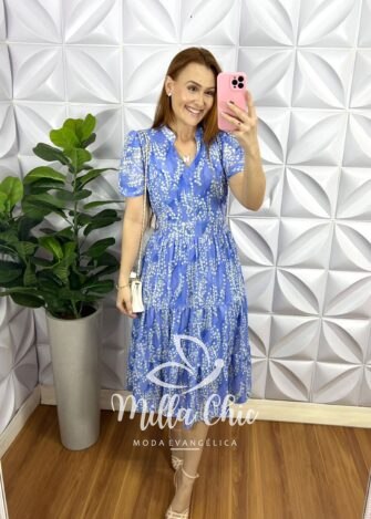 Vestido Chiffon Mídi Estampado Leticia - Azul - Milla Chic