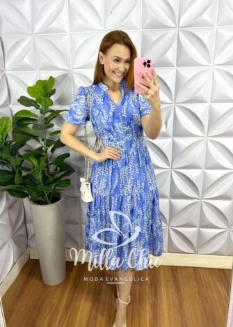 Vestido Chiffon Mídi Estampado Leticia - Azul - Milla Chic