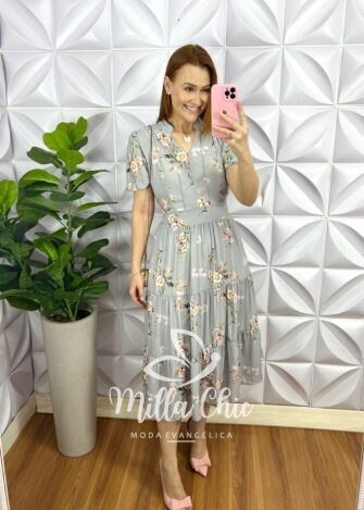 Vestido Chiffon Mídi Estampado Leticia - Azul - Milla Chic