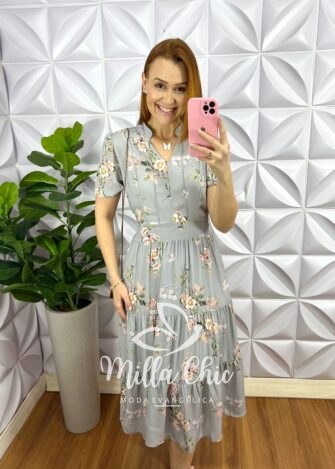 Vestido Chiffon Mídi Estampado Leticia - Azul - Milla Chic