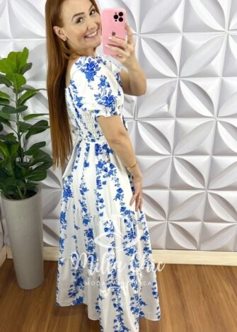 Vestido Crepe Alfaiataria Manga Princesa Com Bojo Estampado Violeta - Azul - Milla Chic
