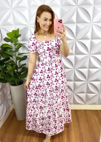 Vestido Crepe Alfaiataria Manga Princesa Com Bojo Estampado Violeta - Roxo - Milla Chic