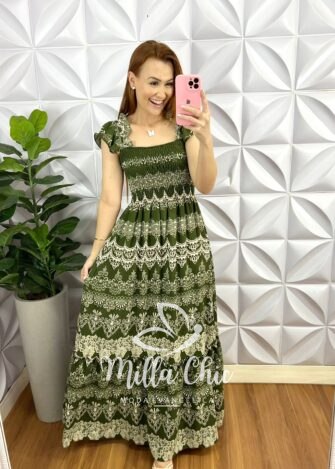Vestido Crepe Dunna Longo Com Lastex Cilene - Verde - Milla Chic