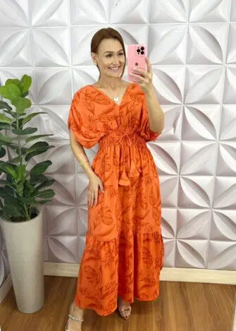 Vestido Crepe Mídi Com Fendas Laterais Faby - Laranja - Milla Chic