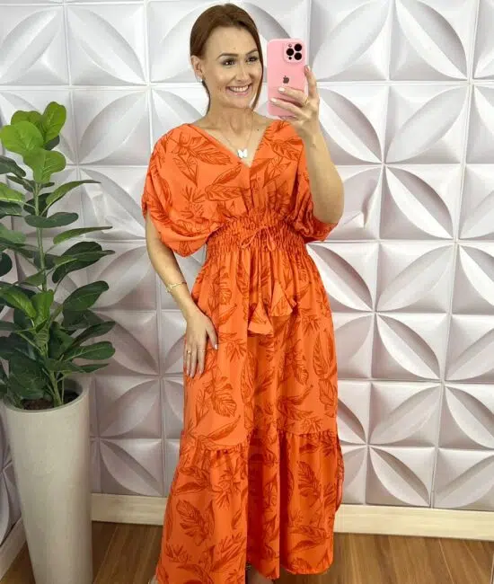 Vestido Crepe Mídi Com Fendas Laterais Faby - Laranja - Milla Chic