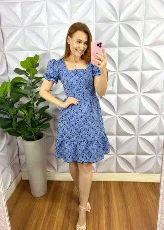 Vestido Denim Bordado Manga Princesa Rafa - Azul - Milla Chic