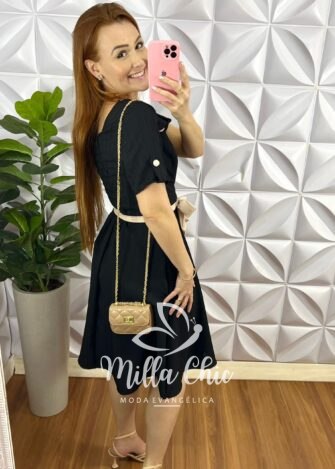 Vestido Dunna Devore Até o Joelho Manga Com Martingale Faixa Cinto Sirlei - Preto - Milla Chic