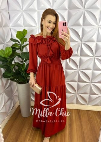 Milla Chic - millachic com br vestido dunna longo manga 78 juliana terra cota 1 Vestido Dunna Longo Manga 7/8 Juliana - Terra Cota - Milla Chic
