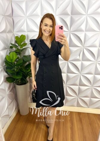 Milla Chic - millachic com br vestido estilo sobretudo alfaiataria botao encapado giovana preto 1 Vestido Estilo Sobretudo Alfaiataria Botão Encapado Giovana - Preto - Milla Chic