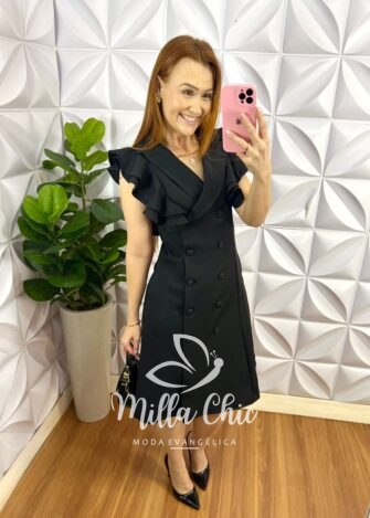 Milla Chic - millachic com br vestido estilo sobretudo alfaiataria botao encapado giovana preto 3 Vestido Estilo Sobretudo Alfaiataria Botão Encapado Giovana - Preto - Milla Chic
