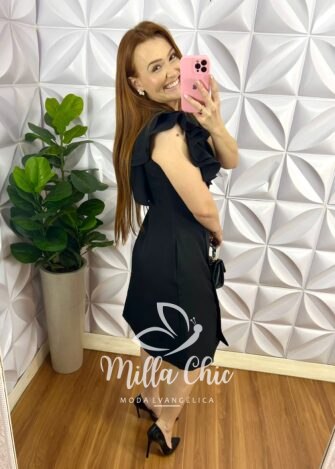 Vestido Estilo Sobretudo Alfaiataria Botão Encapado Giovana - Preto - Milla Chic
