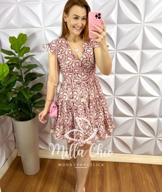 Vestido Laise Bordado Manga Copinho Ate O Joelho Emily - Rosa - Milla Chic