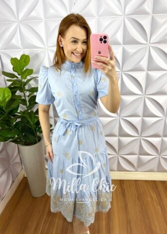 Vestido Laise Bordado Manga Princesa Midi Com Marias Kely - Azul Claro - Milla Chic