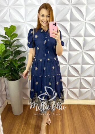 Vestido Laise Bordado Manga Princesa Midi Com Marias Kely - Azul Marinho - Milla Chic