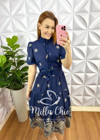 Vestido Laise Bordado Manga Princesa Midi Com Marias Kely - Azul Marinho - Milla Chic